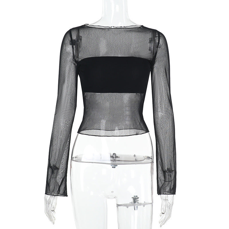 Summer Fashion Mesh Base Long Sleeve Sheer Top