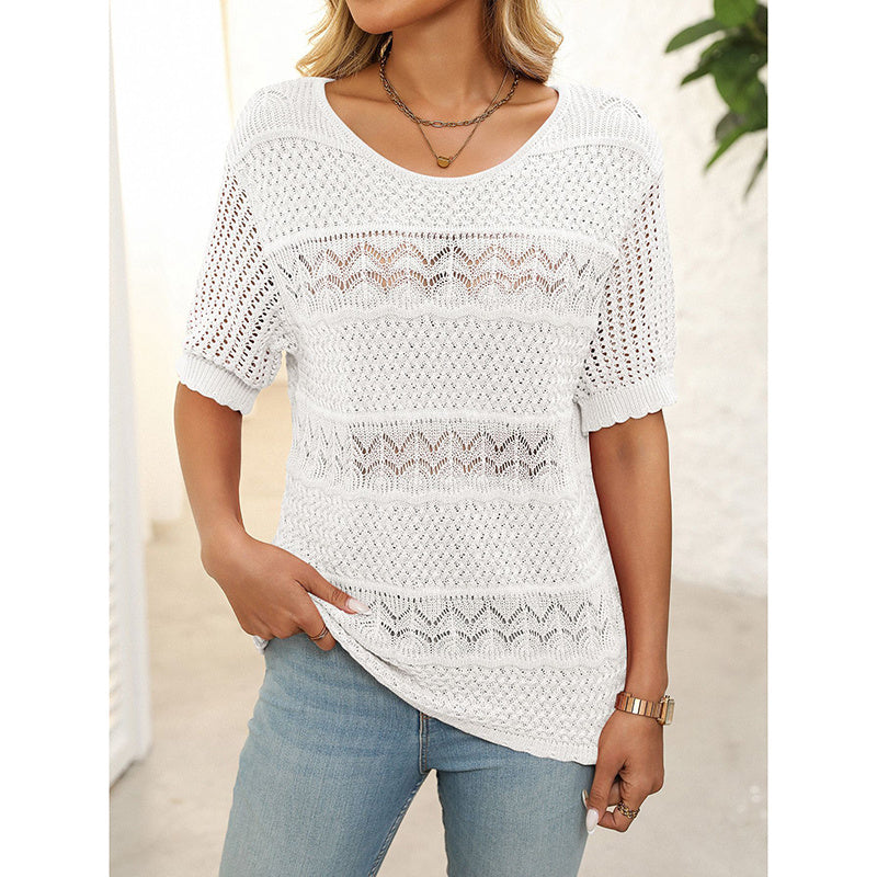 Women's Short Sleeve Sweater Tops Casual Crew Neck Crochet Knit Trendy Hollow Out Blouse T Shirts