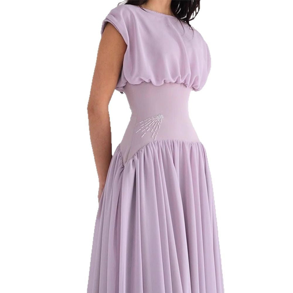 Purple Temperament Pleat And Waisted Off-neck Dress