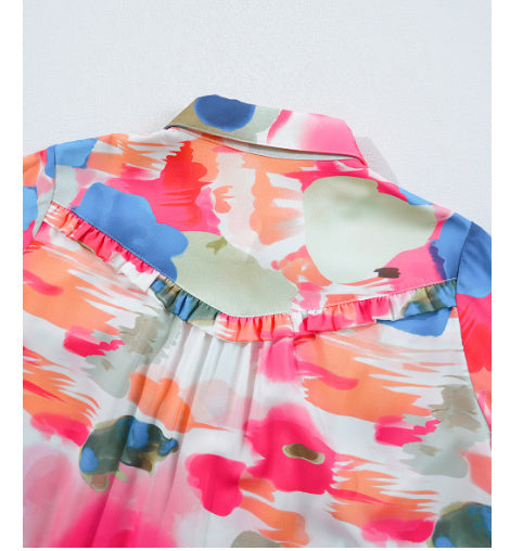 Rose Abstract Print Ruffled Puff Sleeve Shirt