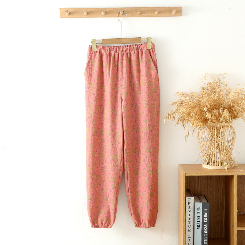 Spring And Autumn Yarn-dyed Pure Cotton Home Trousers For Women