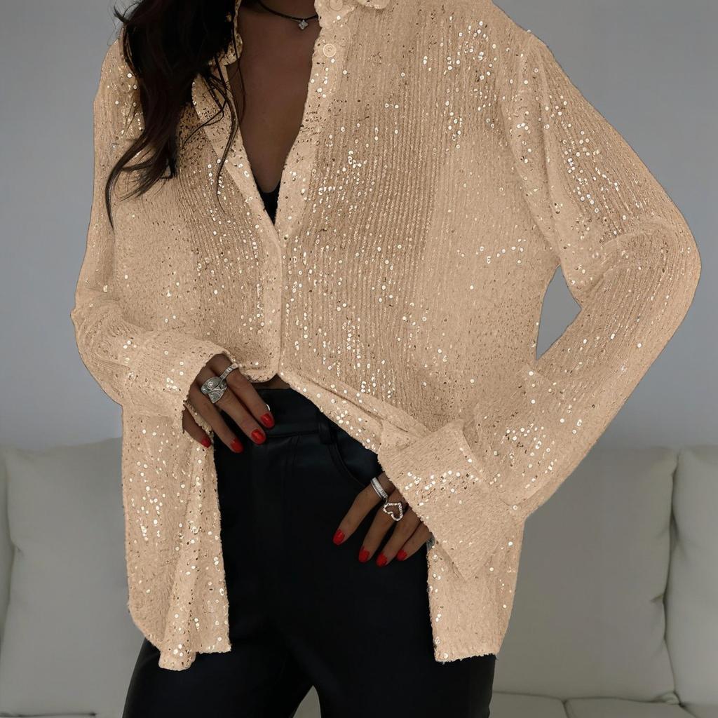 Elegant Women's Sequin Shirt - Stylish Long Sleeve Button-Up Blouse With Glitter Details, Perfect For Party & Casual To Formal Wear