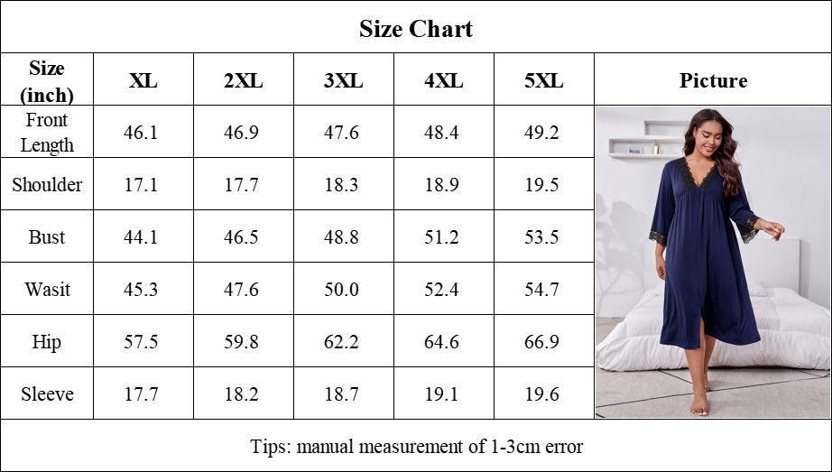 Home Wear Plus Size Three-quarter Sleeve Lace Nightdress For Women