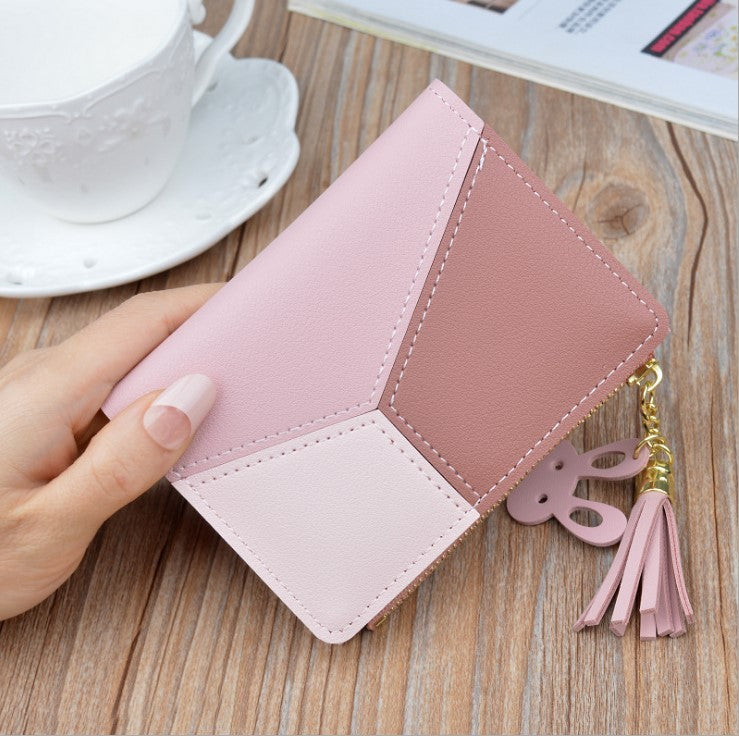 Stitching contrast color short wallet fringe zipper multi-card position purse