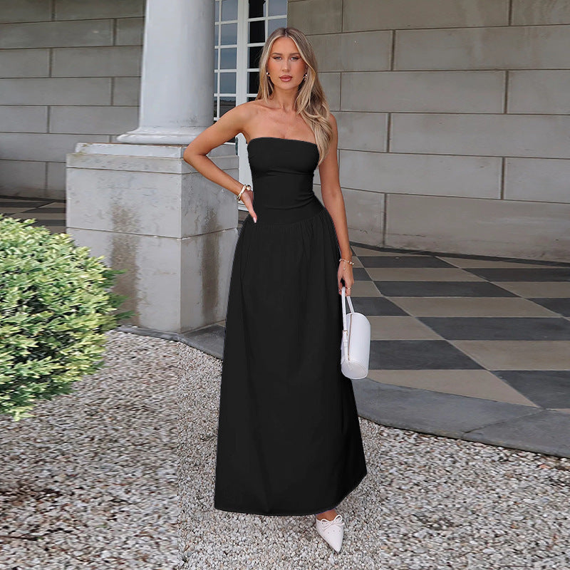 Tube Top Cinched Waist A Swing Backless Dress