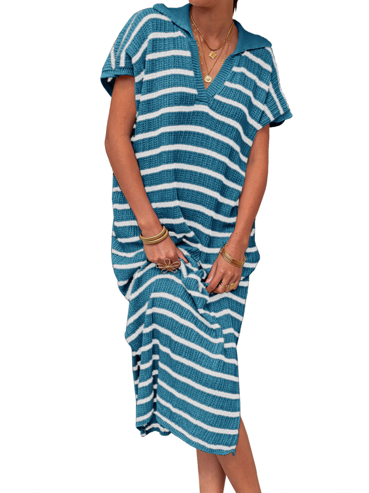 V-neck Striped Low Slit Lapel Long Dress Sweater