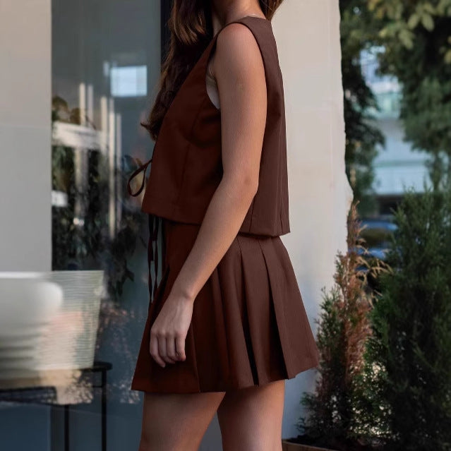 Lace V-neck Vest High Waist Short Skirt Two-piece Set