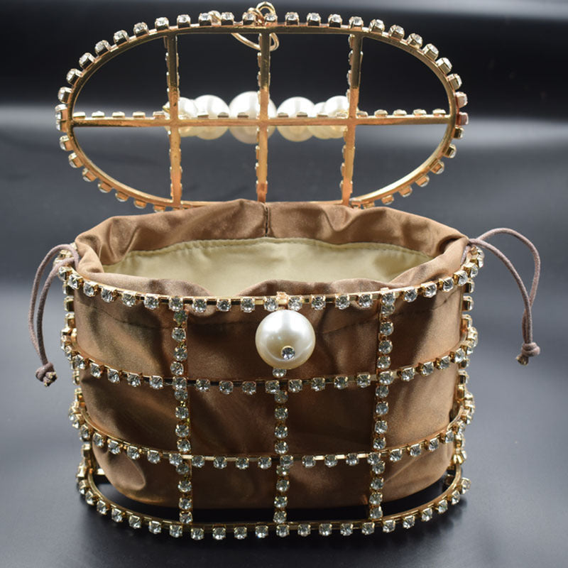 Korean pearl net red goddess Lu Jieyun with the rhinestone basket metal canvas birdcage bag portable evening bag