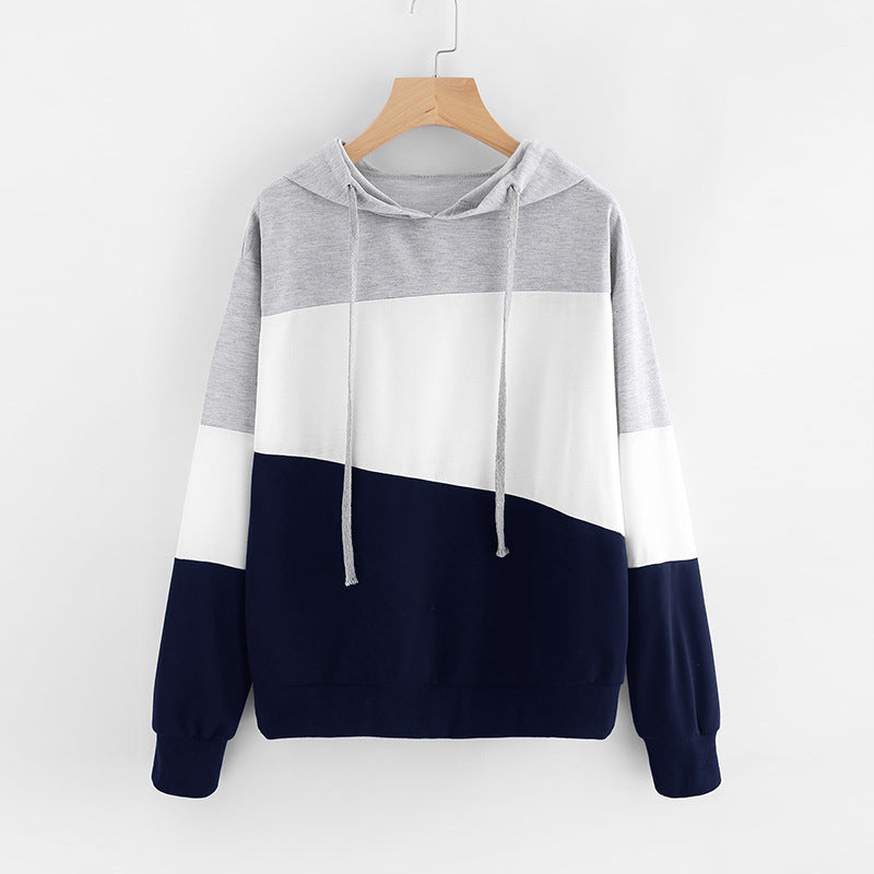 Women's Sweater Stitching Color Hooded Long-Sleeved Top
