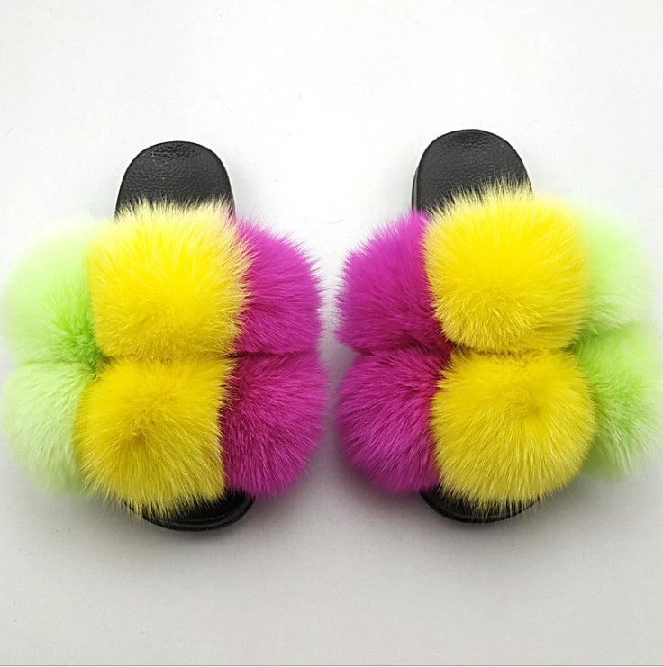Wearing European And American Fashion Home Flat Color Fur Slippers Women