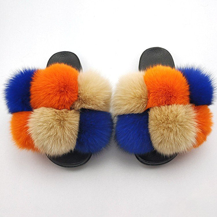 Wearing European And American Fashion Home Flat Color Fur Slippers Women