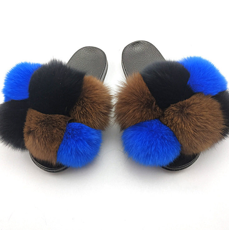 Wearing European And American Fashion Home Flat Color Fur Slippers Women