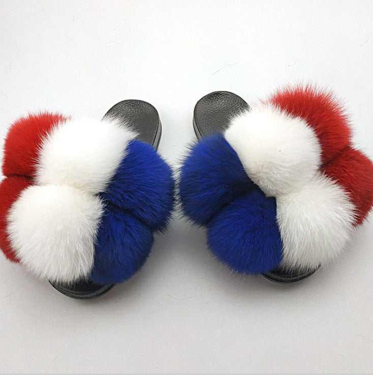 Wearing European And American Fashion Home Flat Color Fur Slippers Women