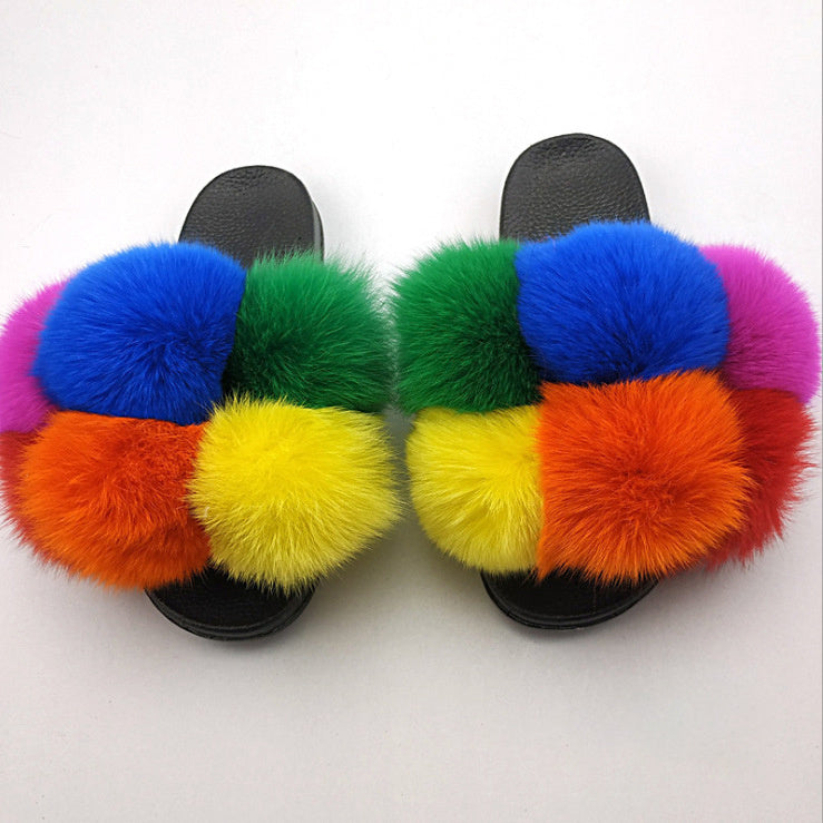 Wearing European And American Fashion Home Flat Color Fur Slippers Women