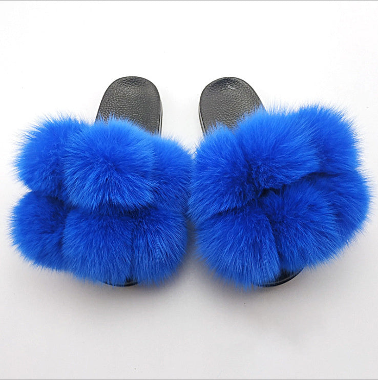 Wearing European And American Fashion Home Flat Color Fur Slippers Women