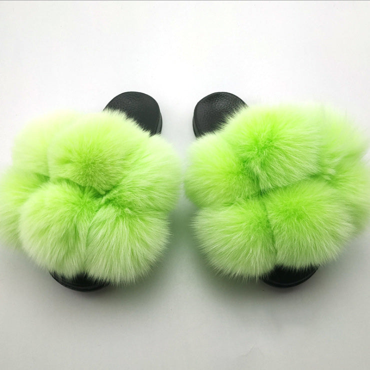 Wearing European And American Fashion Home Flat Color Fur Slippers Women