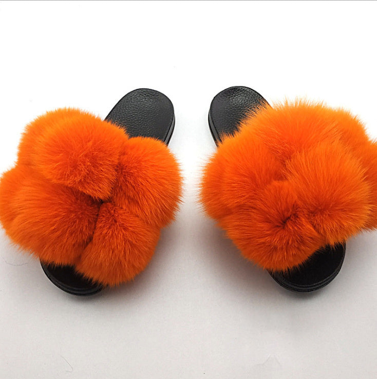 Wearing European And American Fashion Home Flat Color Fur Slippers Women