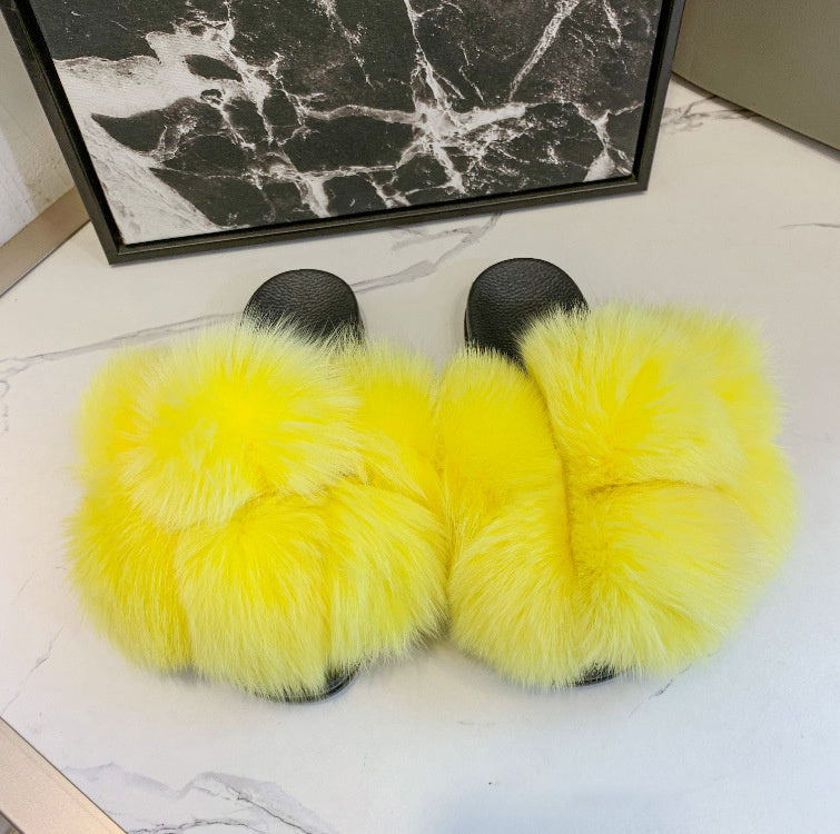 Wearing European And American Fashion Home Flat Color Fur Slippers Women