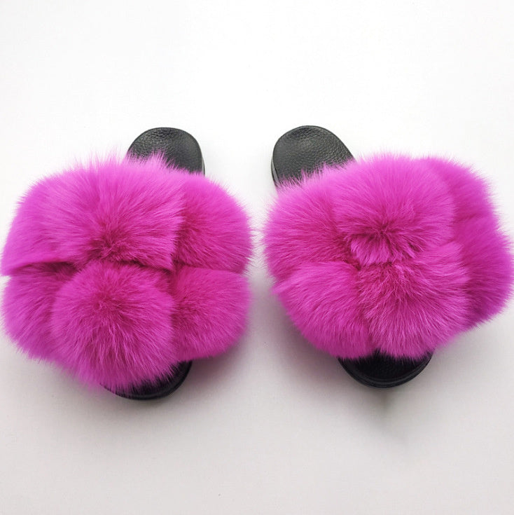 Wearing European And American Fashion Home Flat Color Fur Slippers Women