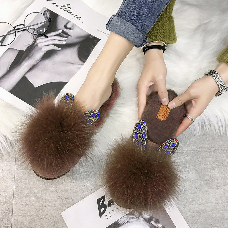 Home Furry Flat Bottom Half Drag Slippers Women