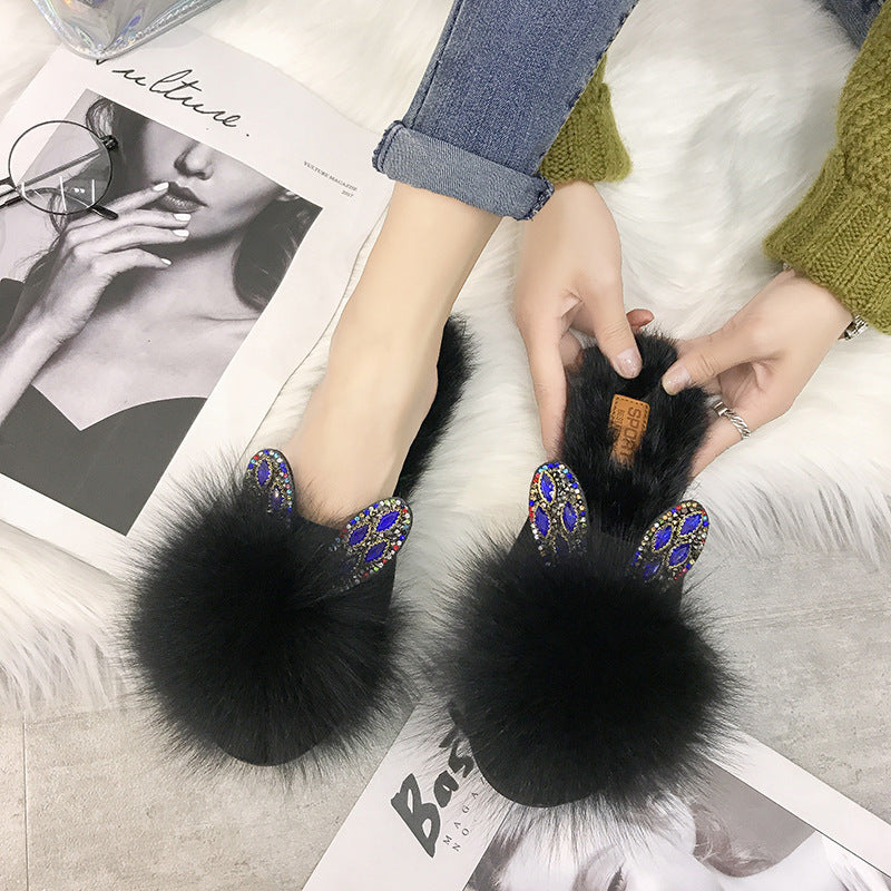 Home Furry Flat Bottom Half Drag Slippers Women