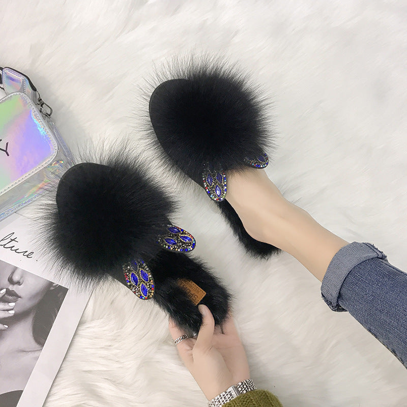 Home Furry Flat Bottom Half Drag Slippers Women