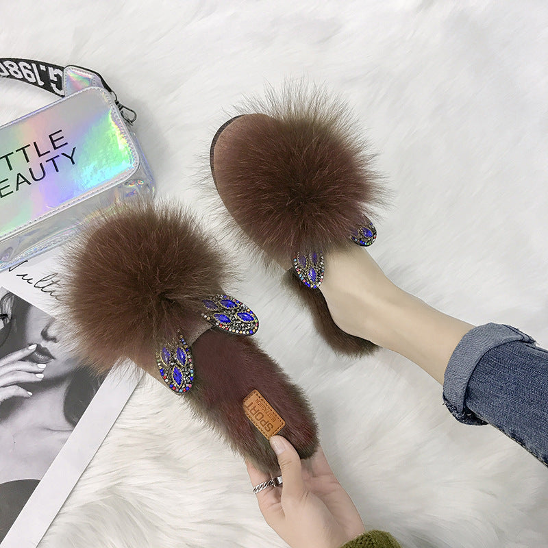 Home Furry Flat Bottom Half Drag Slippers Women