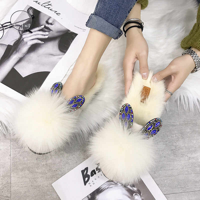 Home Furry Flat Bottom Half Drag Slippers Women