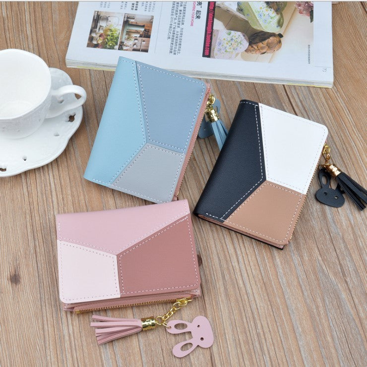 Stitching contrast color short wallet fringe zipper multi-card position purse