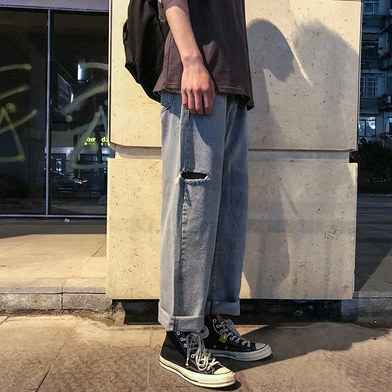 Loose Korean Version Of Nine Split Straight Tube Ripped Jeans