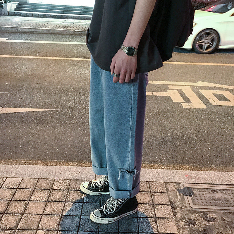 Loose Korean Version Of Nine Split Straight Tube Ripped Jeans