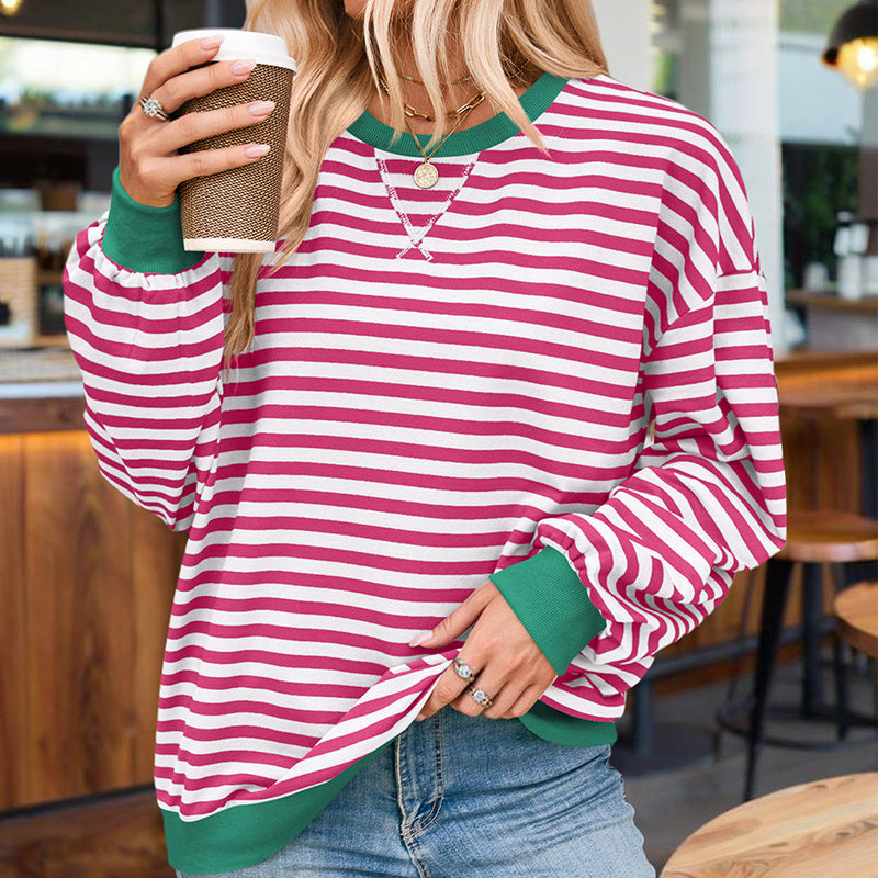 Women's Casual Crewneck Striped Long Sleeve Sweatshirt - Comfortable Loose Fit Ribbed Knit Top For Spring&Fall