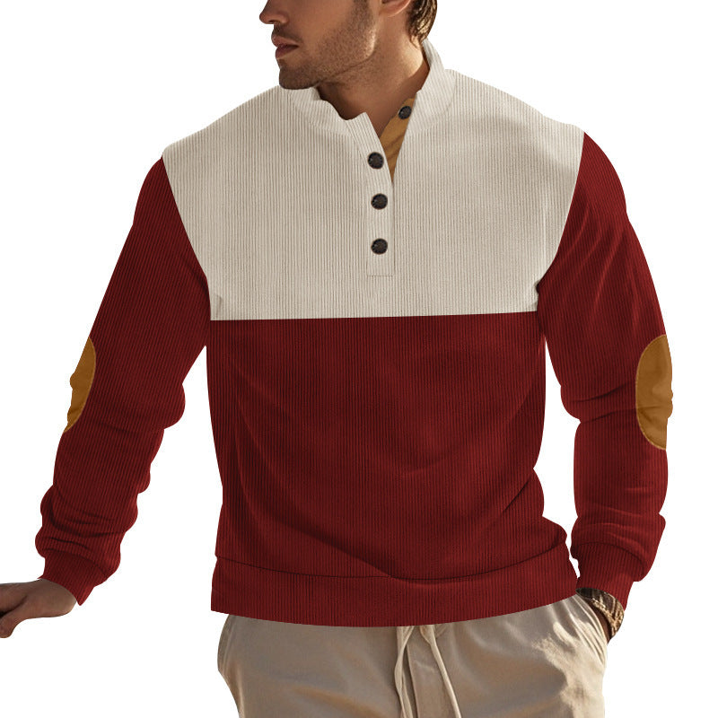Men's Casual Button Half-open Stand Collar Coat Fashion Colorblock Sweater