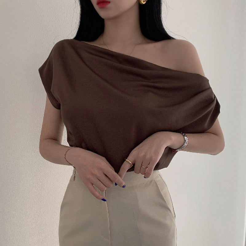 Off-shoulder Collar Design Loose Casual Short Sleeve Shirt Top