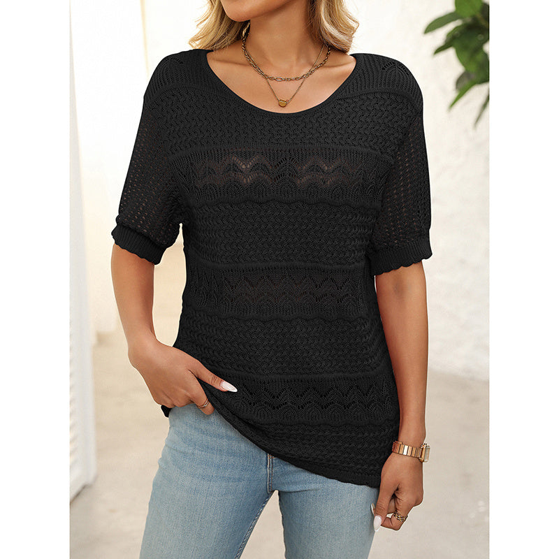 Women's Short Sleeve Sweater Tops Casual Crew Neck Crochet Knit Trendy Hollow Out Blouse T Shirts
