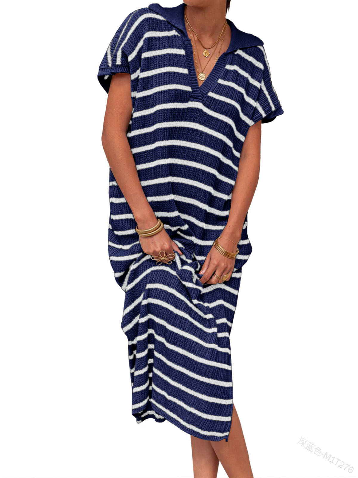 V-neck Striped Low Slit Lapel Long Dress Sweater