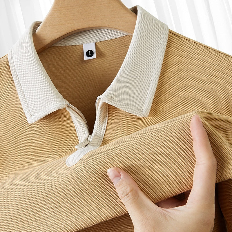 Zipper And Lapel Polo Shirt Solid Color Short Sleeve