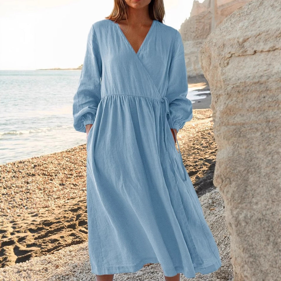 Solid Color Loose Cotton And Linen Dress