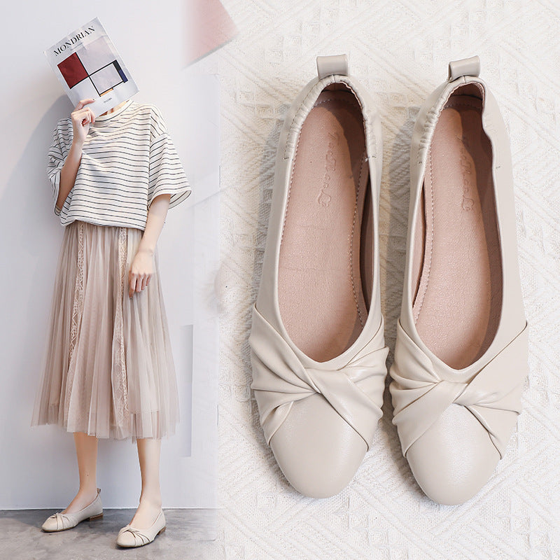 Leather Pea Single Shoes Women''s Summer Soft Bottom Flat Bottom Versatile