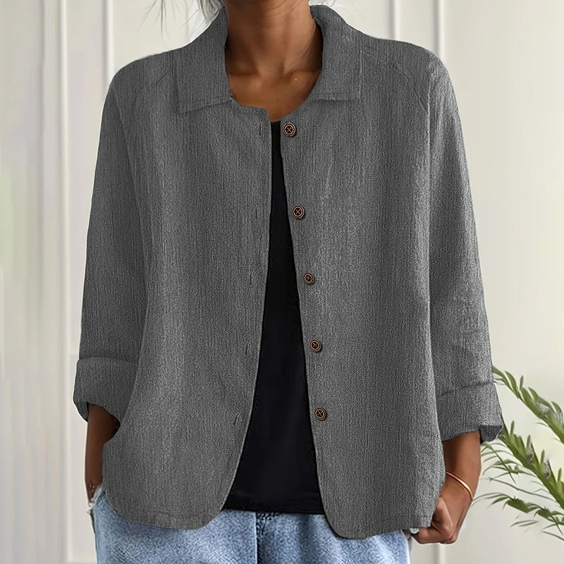 Women's Casual Long Sleeve Shirt - Solid Color Button-Down Shirt With Turn-Down Collar For Spring&Fall