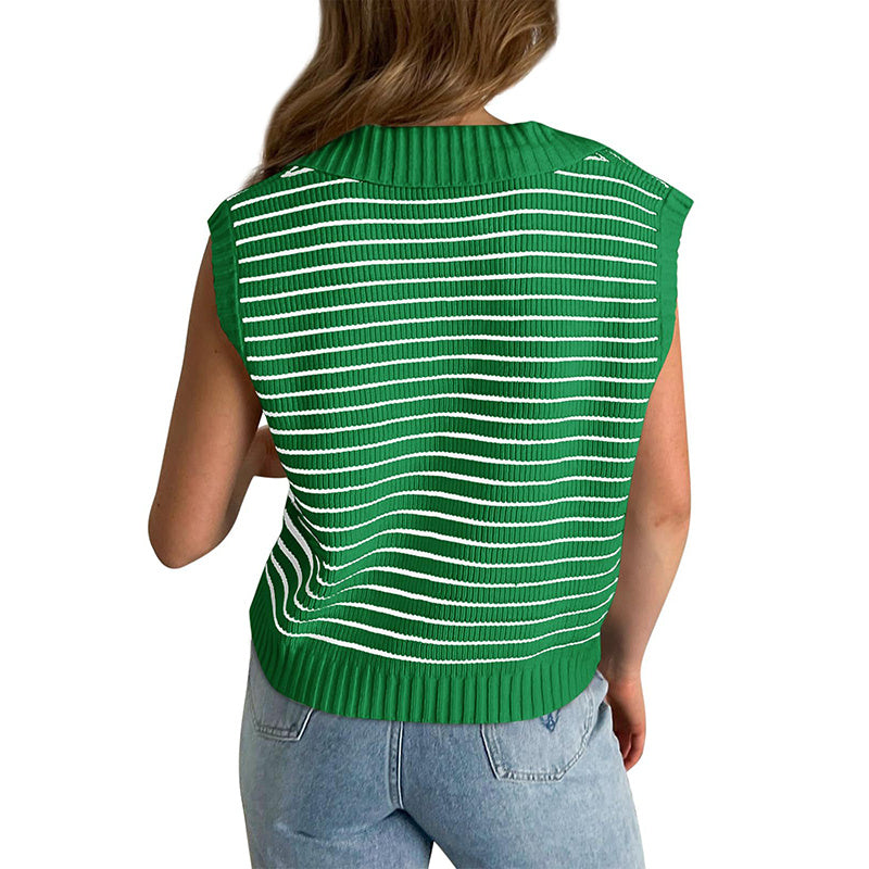 Women's V Neck Cap Sleeve Sweater Vest Sleeveless Collared Striped Knit Tank Tops
