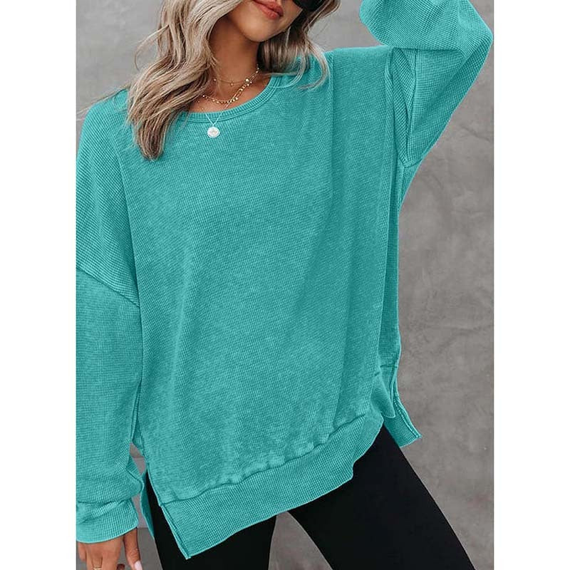 Womens Waffle Knit Crewneck Sweatshirts Long Sleeve Side Slits Casual Pullover Sweatshirt Tops