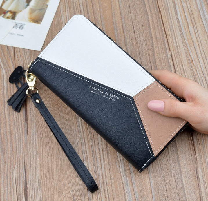 Stitching contrast color short wallet fringe zipper multi-card position purse
