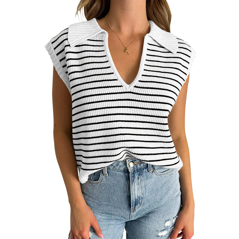 Women's V Neck Cap Sleeve Sweater Vest Sleeveless Collared Striped Knit Tank Tops