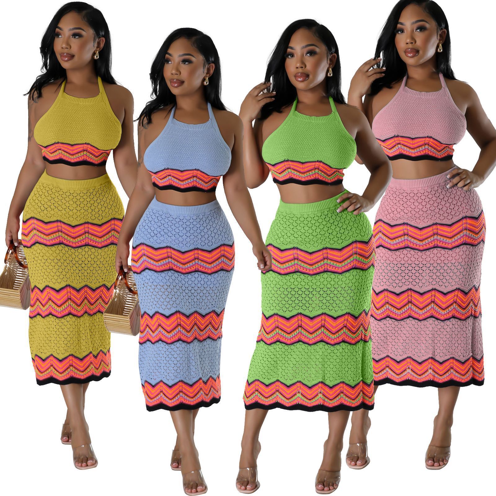 Women's Knitted Sports Casual Skirt Vest Sweater Long-sleeved Suit