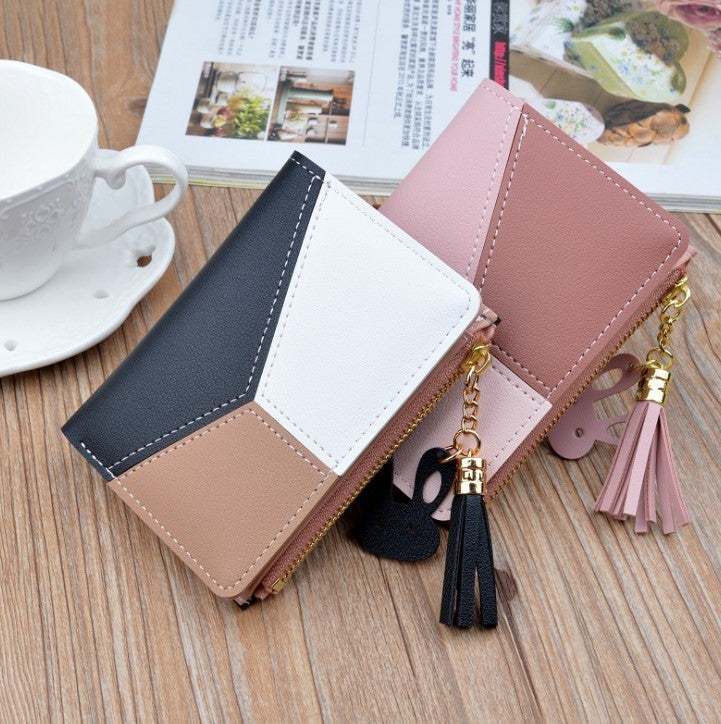 Stitching contrast color short wallet fringe zipper multi-card position purse