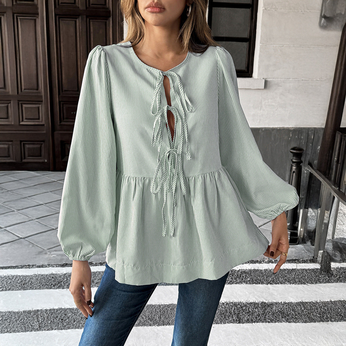 Elegant Striped Long Sleeve Tied T-shirt Shirt Women's Clothing