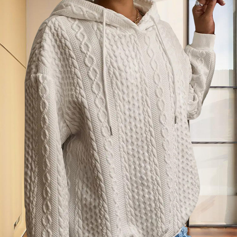 Women's Solid Color Ribbed Design Long Sleeve Hoodie - Loose Fit Drawstring Pullover For Fall & Winter Casual Wear