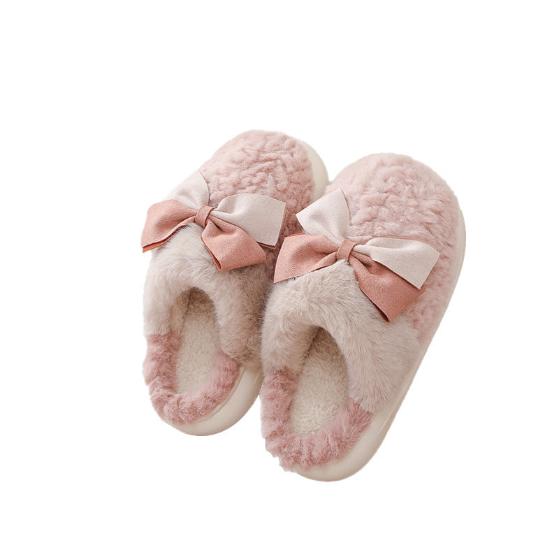Cute Home Indoor Floor Plush Bow Cotton Slippers Women