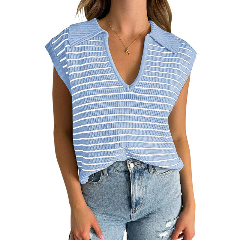 Women's V Neck Cap Sleeve Sweater Vest Sleeveless Collared Striped Knit Tank Tops
